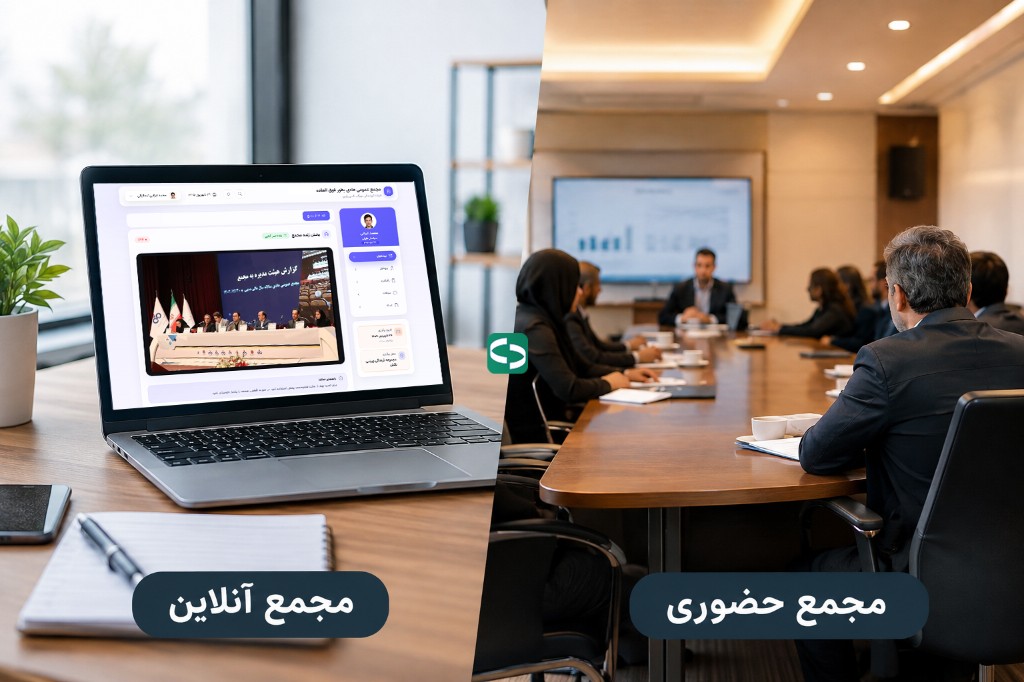مقایسه مجمع آنلاین روی لپتاپ و مجمع حضوری در اتاق جلسه